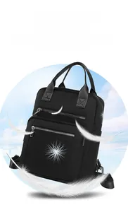 Detail of lightweight Oxford fabric backpack with dual handles and twin zip pockets