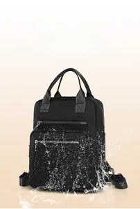 Close-up of waterproof black oxford fabric backpack with splash-proof coating detail