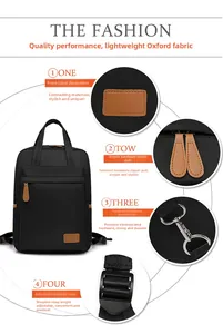 Detail view of durable black oxford fabric, sturdy zippers, and silver hardware of the backpack