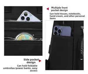 Detail view of Oxford cloth backpack showing multiple front zipper pockets and side pockets