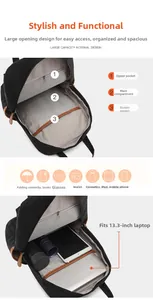 Detail view of black nylon backpack interior showing compartments for a 13.3-inch laptop