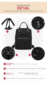 Detail showing thickened handle, smooth metal zipper, and reinforced strap stitching on backpack