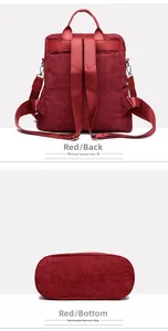 Detail view of red corduroy backpack showing adjustable shoulder straps and oval base structure
