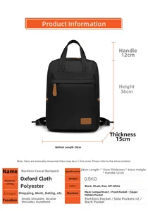 Detailed size chart for black water-resistant oxford fabric 15.6 inch laptop backpack