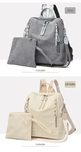 Close-up of corduroy backpack and pouch set with metallic rivets and zipper details
