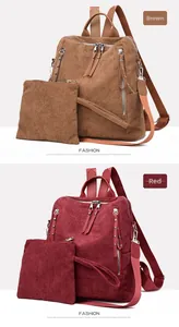 Detail view of corduroy backpack set in brown and red colors with adjustable straps