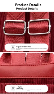 Detail of red corduroy backpack with leather splicing and silver metal adjustment buckles
