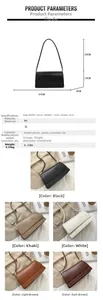 Detailed size chart and multi-color specifications of the croc-effect PU leather baguette bag