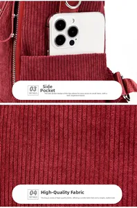 Detail of red corduroy backpack showing side pocket for phone and high density fabric