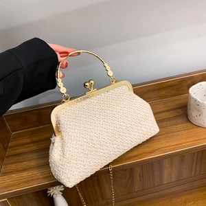 Retro cream woven shell bag with daisy embossed metal handle and gold chain strap