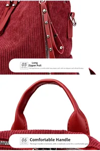 Detailed view of red corduroy backpack featuring silver rivets and reinforced leather handle