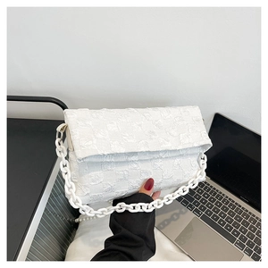 Detail showing white quilted fabric texture and thick plastic chain strap on handbag