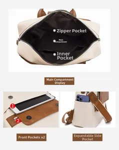Detail view of large capacity PU leather backpack showing internal pockets and side storage