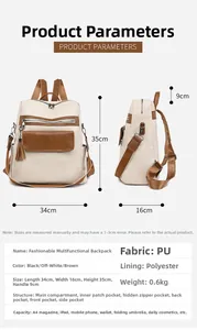 Detailed technical diagram showing dimensions and dual-tone PU leather backpack structure