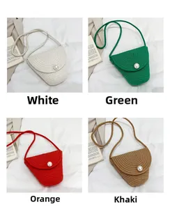 Mini woven crossbody bags in four colors with pearl closure flap and cotton rope strap