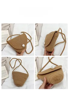 Detailed four-angle view of a brown woven straw crossbody bag with a large pearl accent