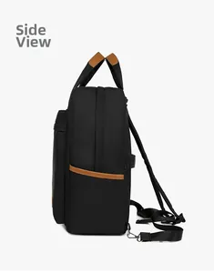 Side view of black waterproof oxford backpack with brown leather trim and metal buckles