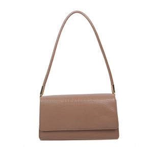 Khaki crocodile pattern baguette bag with gold metal hardware and flap closure