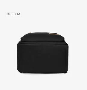 Detailed bottom view of black waterproof oxford fabric backpack with reinforced stitching