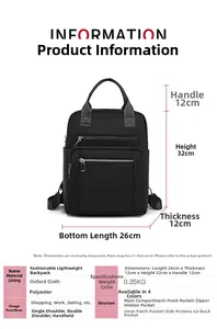 Vue détaillée du sac à dos en tissu Oxford noir avec dimensions et poches internes