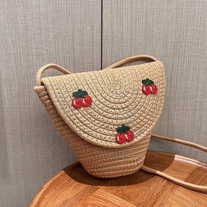 Handmade Straw Woven Crossbody Bag Women Mini Shoulder Bag With Artificial Pearl Or Cherry Embroidery Casual Beach Vacation Bag