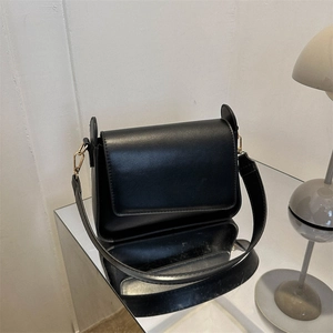 Minimalist black flap shoulder bag with gold buckles and a wide strap on mirror