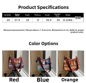 Detail showing Bohemian tassel bag dimensions and color options in red, blue, and orange