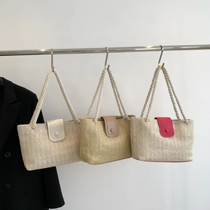 Sac Cabas en Paille Tissé de Grande Capacité pour Femmes Mode Couleur Contrastée Sac à Épaule de Plage Avec Poignée en Corde