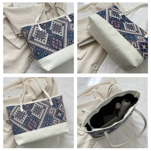 Vue multi-angle d'un grand sac cabas montrant l'intérieur spacieux et le tissu ethnique
