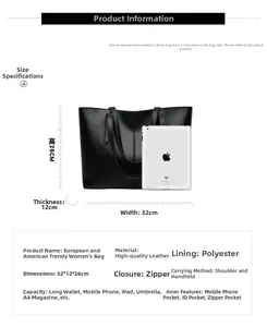 Detailed view of black leather tote bag capacity compared with an iPad tablet