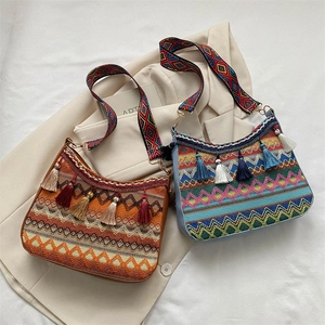 Bohemian Ethnic Style Tassel Crossbody Bag For Women Nylon Weaving Geometric Pattern Large Capacity Retro Shoulder Bag