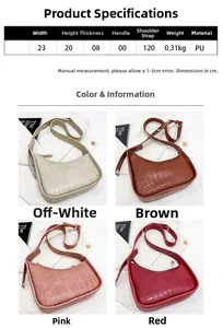 Detailed size chart and color options for crocodile pattern half-moon shoulder bag