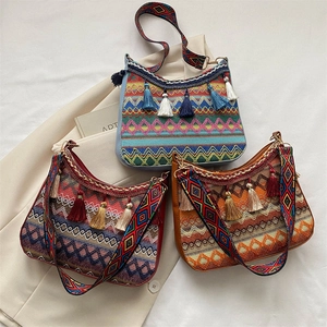 Ethnic bohemian tassels shoulder bag with colorful woven patterns and wide straps