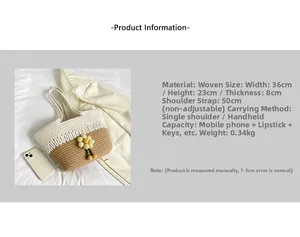 Size chart showing woven tote bag dimensions 36x23x8cm and detailed product specifications