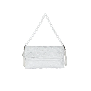White checkered chain shoulder bag with acrylic handle and adjustable leather strap