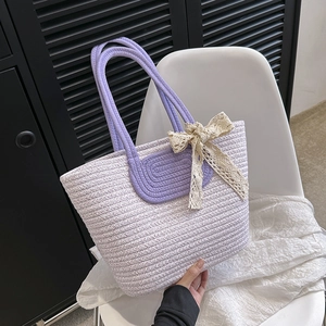 Women Handwoven Straw Tote Bag With Lace Bow Decor Elegant Solid Color Summer Beach Shoulder Bag Casual Daily Shopping Handbag