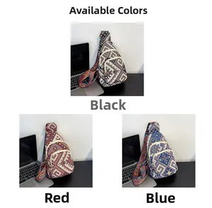 Detail view of ethnic woven crossbody bags in black, red, and blue color options