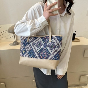 Ethnic pattern tote bag with woven geometric design and faux leather straps for women