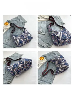 Vue sous quatre angles du sac à bandoulière tissé bohème avec sangle réglable