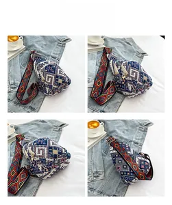 Detailed views of ethnic geometric woven chest bag with adjustable wide printed strap