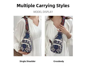 Ethnic style crossbody bag shown in single shoulder and crossbody ways on model