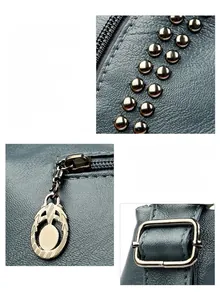 Detail of silver rivets and engraved oval zipper pulls on a teal pebble leather bag