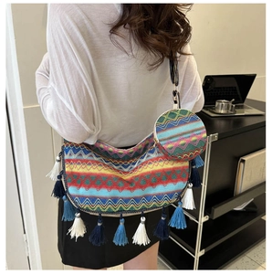 Detail of bohemian woven tote bag set with vibrant geometric patterns and tassels
