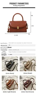 Detailed size specifications and four color options for minimalist PU leather square bag