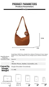 Brown corduroy half-moon crossbody bag detail with size chart and mini round pouch