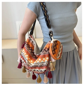 Detail of ethnic tote bag set with colorful tassels and geometric woven wide strap