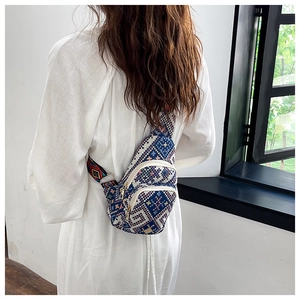 Detailed back view of an ethnic woven crossbody chest bag with colorful geometric patterns