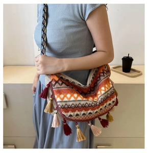 Close-up of bohemian tote bag with vibrant geometric patterns and colorful tassels