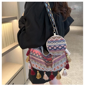 Detail of bohemian woven tote bag set with vibrant geometric patterns and fringe tassels