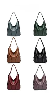 Six colors of PU leather backpacks with rivet accents displayed in a 2x3 grid